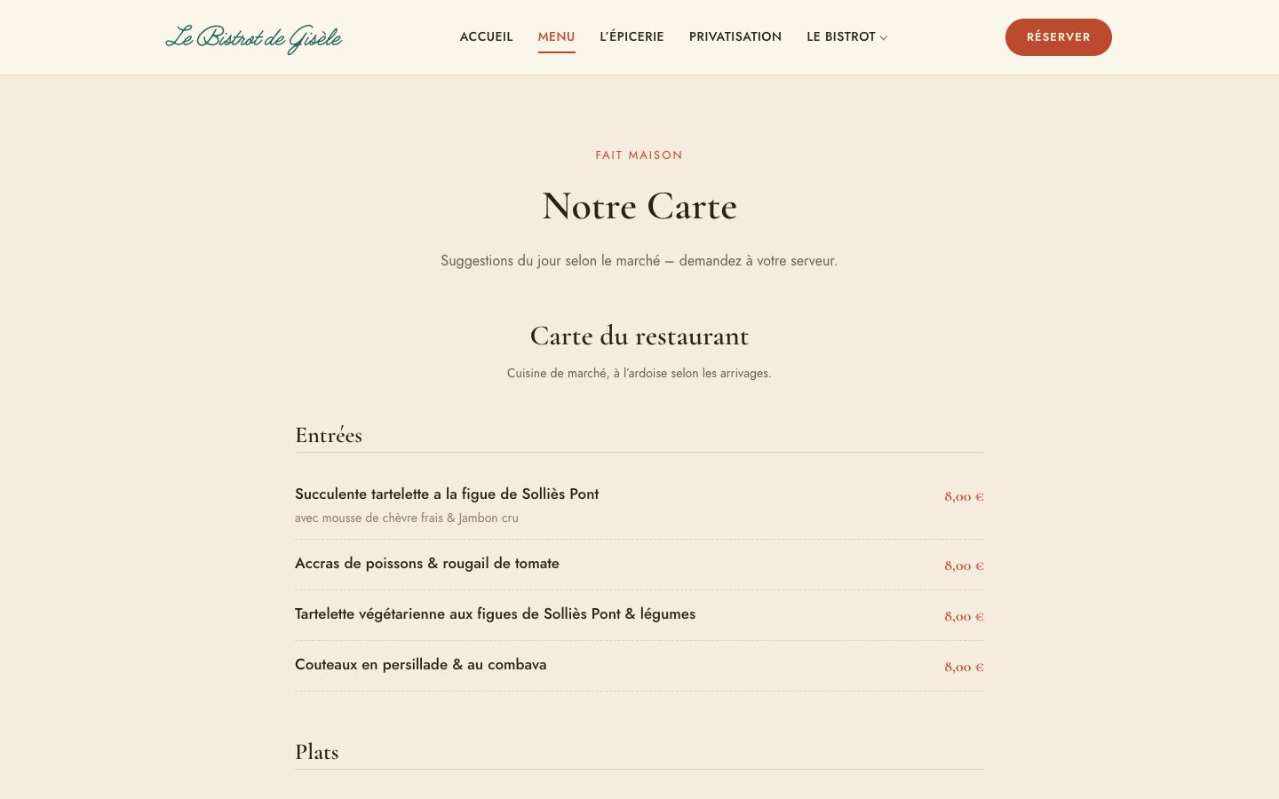 La carte du restaurant